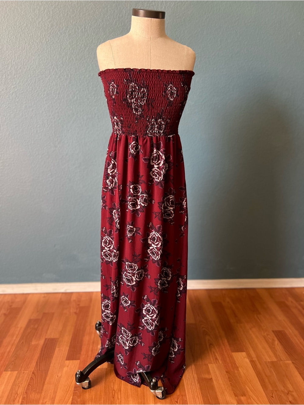 Miley & Molly Women’s Smocked Strapless Maxi Dress in Burgundy Floral front slit